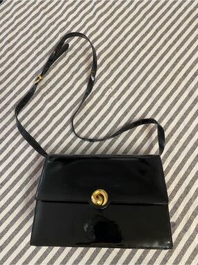 Vintage Salvatore Ferragamo Black Patent Leather Gancini Shoulder Bag
